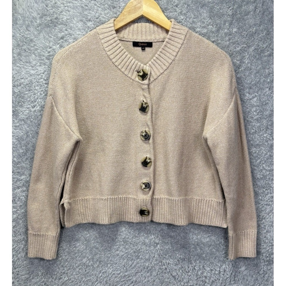 Quince Womens XS 100% Organic Cotton Cropped Cardigan Tan Button Front Boxy